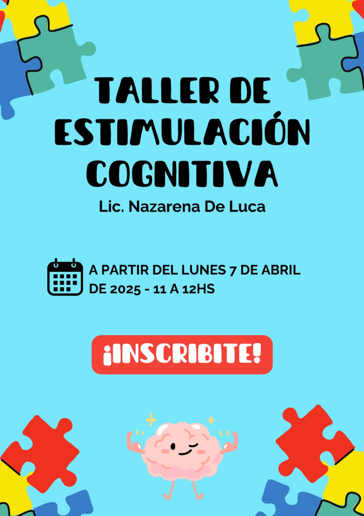 Flyer del taller presencial de estimulación cognitiva para adultos mayores en Adrogué